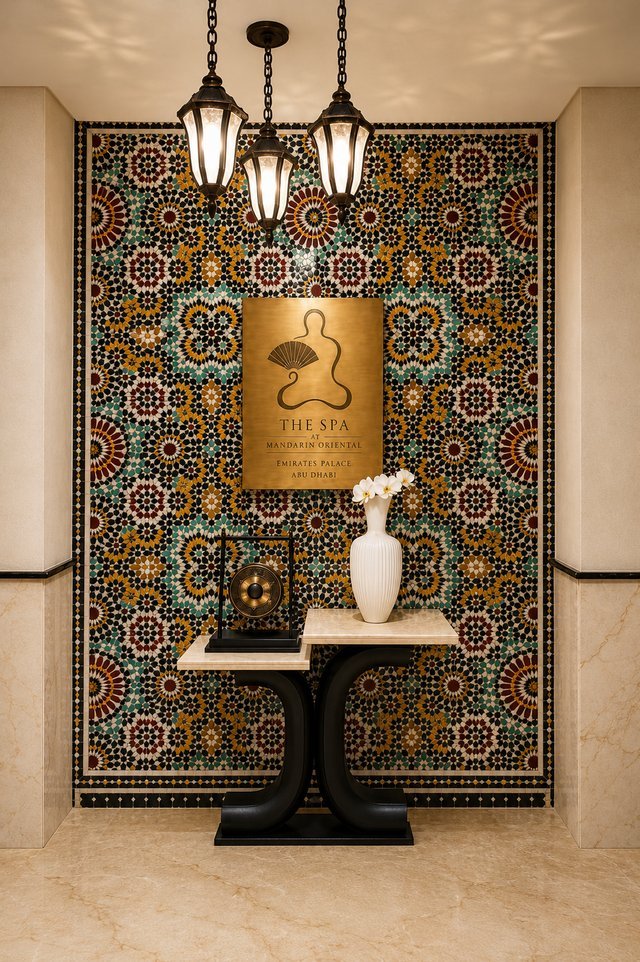 Moroccan zellige entrance feature wall at the Emirates Palace Mandarin Oriental spa in Abu Dhabi