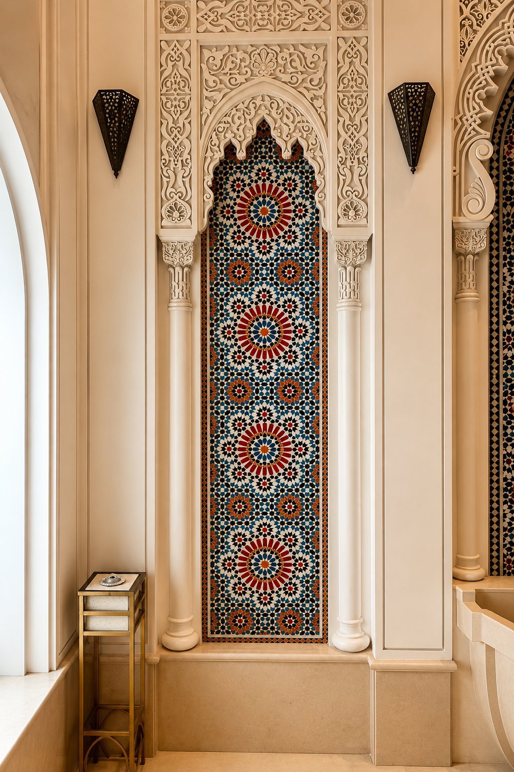 Vertical Moroccan zellige feature wall in a private VIP villa in Abu Dhabi