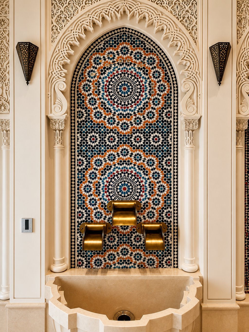 Moroccan zellige wall fountain in a private VIP villa in Abu Dhabi